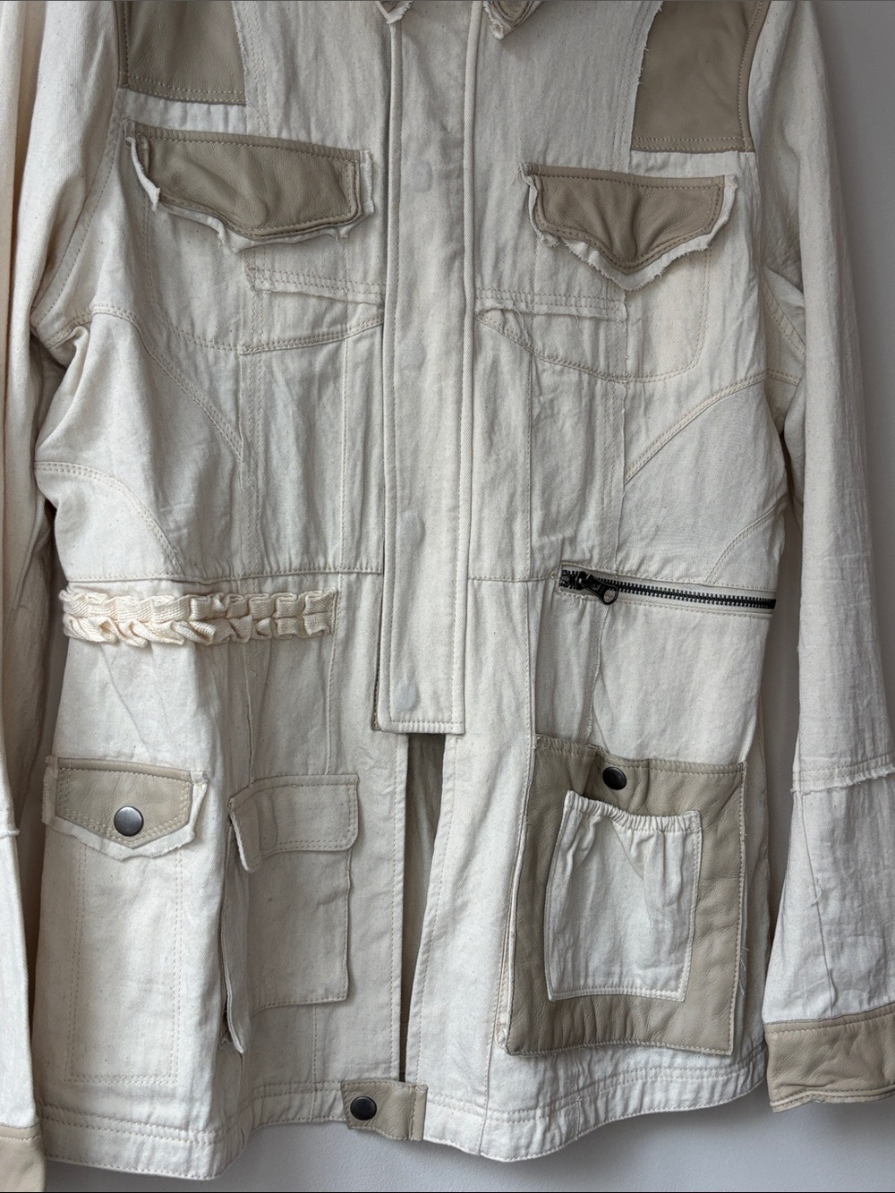Cream Tan Patchwork Leather Trim Utility Jacket - Picture 3 of 9